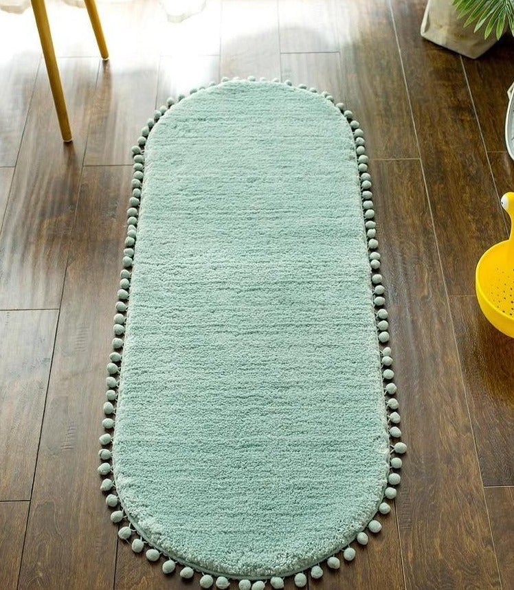 Pom-pom Trimmed Oval Anti-skid Bathroom Kitchen Rug Mint