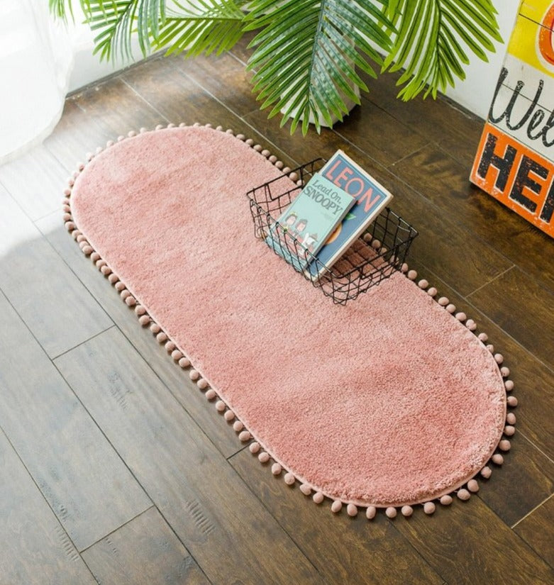 Pom-pom Trimmed Oval Anti-skid Bathroom Kitchen Rug Pink Blush