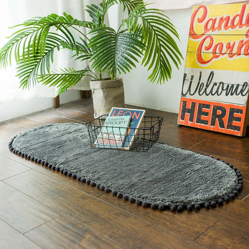 Pom-pom Trimmed Oval Anti-skid Bathroom Kitchen Rug Dark Grey