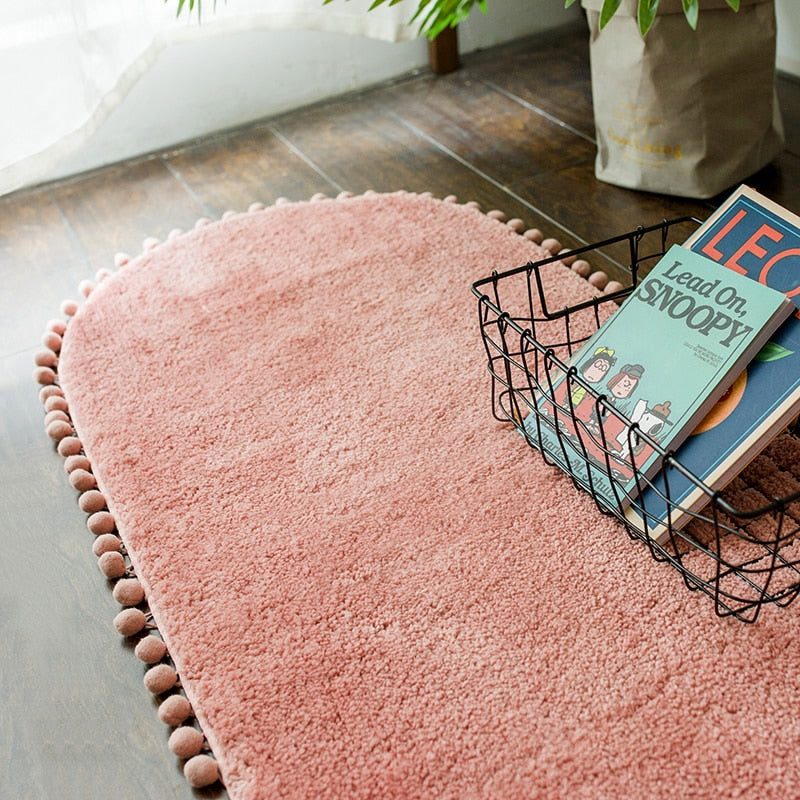 Pom-pom Trimmed Oval Anti-skid Bathroom Kitchen Rug Pink 