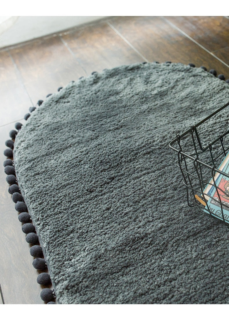 Pom-pom Trimmed Oval Anti-skid Bathroom Kitchen Rug Dark Grey