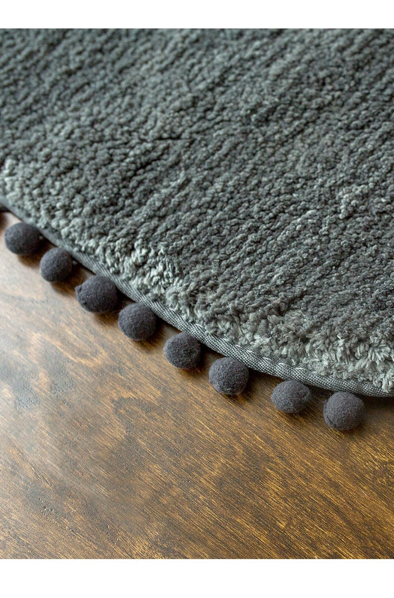 Pom-pom Trimmed Oval Anti-skid Bathroom Kitchen Rug Dark Grey