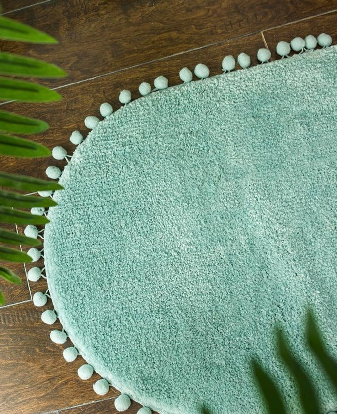 Pom-pom Trimmed Oval Anti-skid Bathroom Kitchen Rug Mint