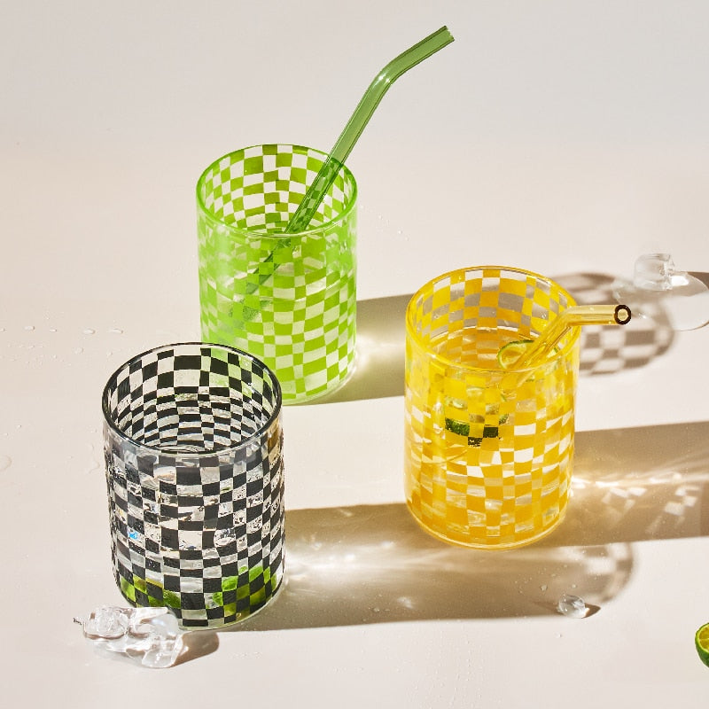 Green Yellow Black Round Checkered Drinking Glass