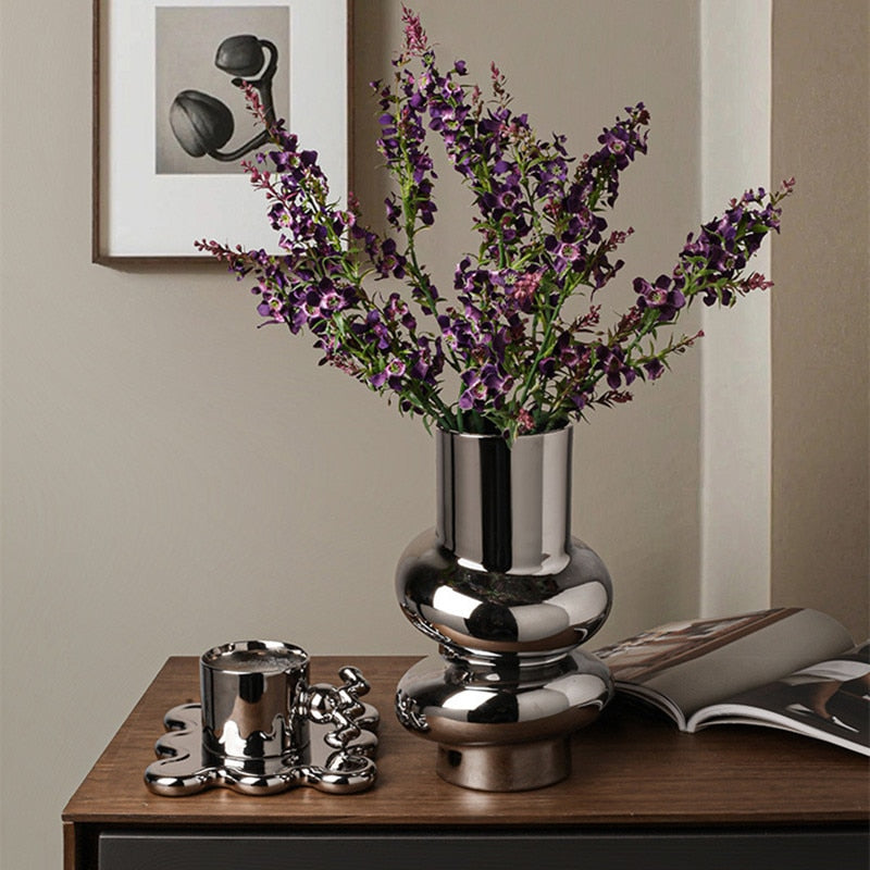Silver Plated Metallic Ceramic Vase  Round Bubble Stacked
