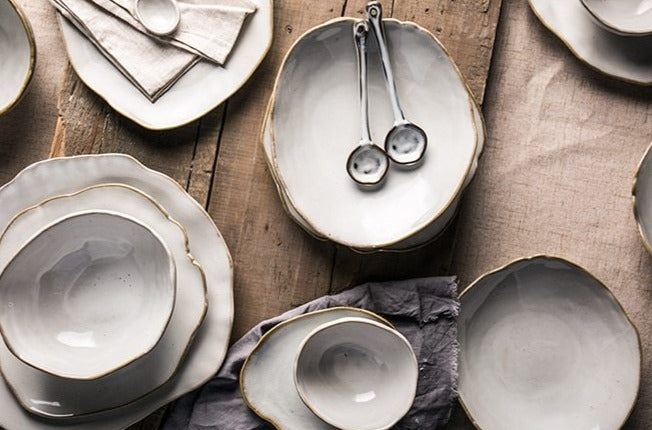round abstract gold trim edges white ceramic dinnerware