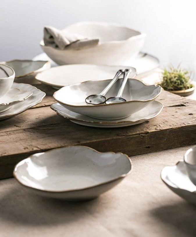 round abstract gold trim edges white ceramic dinnerware