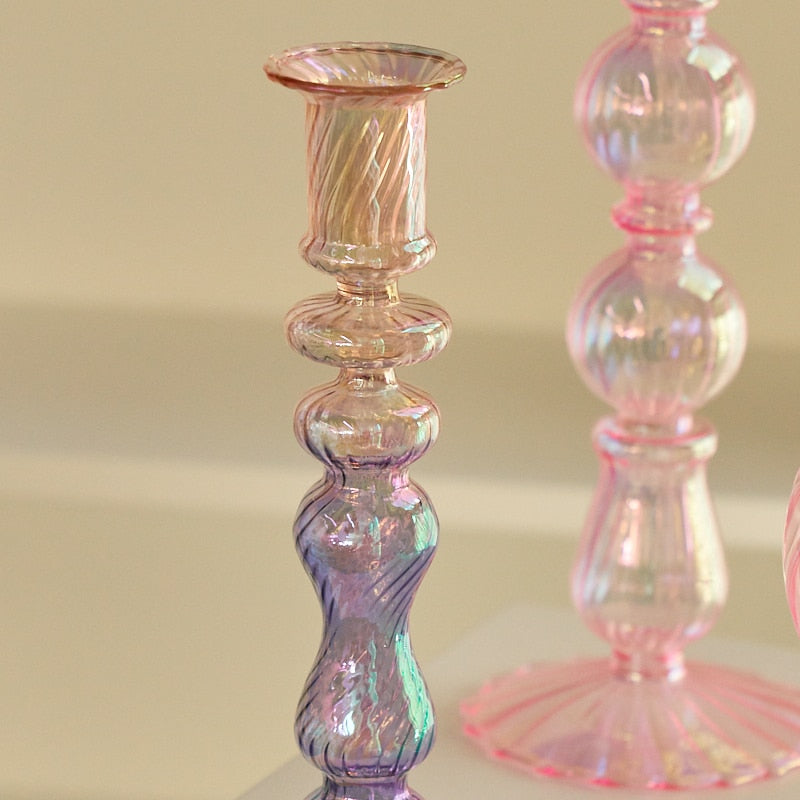Rainbow Iridescent Glass Candle Holders Retro Decoration