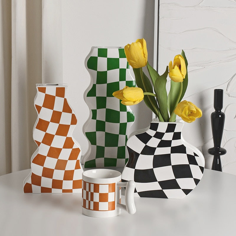 Ceramic Vases Flower Checkered Design with Various Sizes
