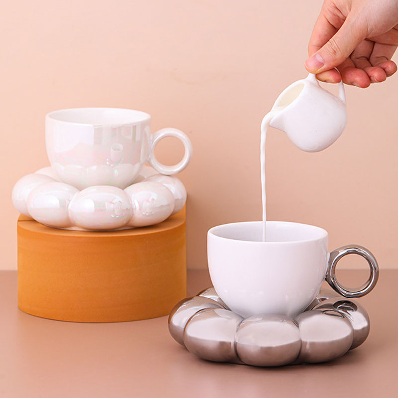 Ceramic Cloud Mug, Flower Coffee Mug and Saucer Set, Creative Cute