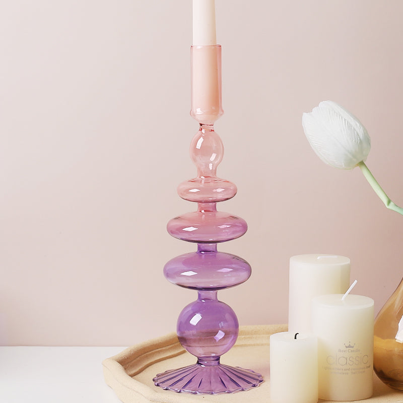 Iridescent Unique Vintage Shape Glass Candle Holder Gradient color Lilac Pink