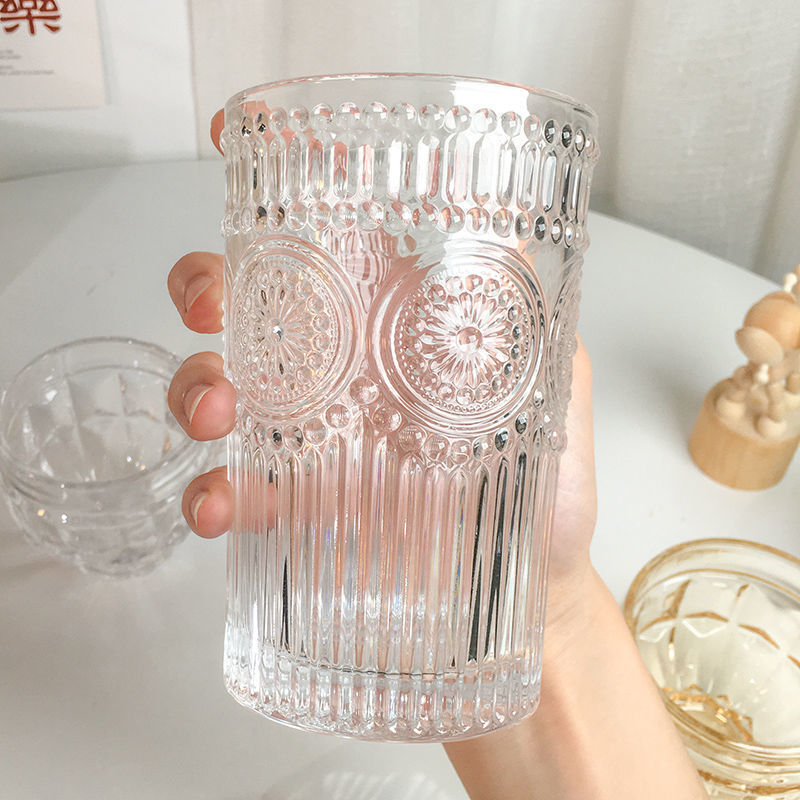375ml Simple Stripe Glass Cup With Lid And Straw Transparent