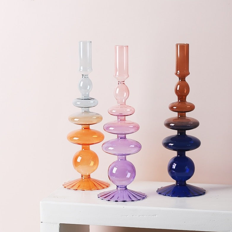 Iridescent Unique Vintage Shape Glass Candle Holder  Gradient color Lilac Pink Blue Orange Navy Brown