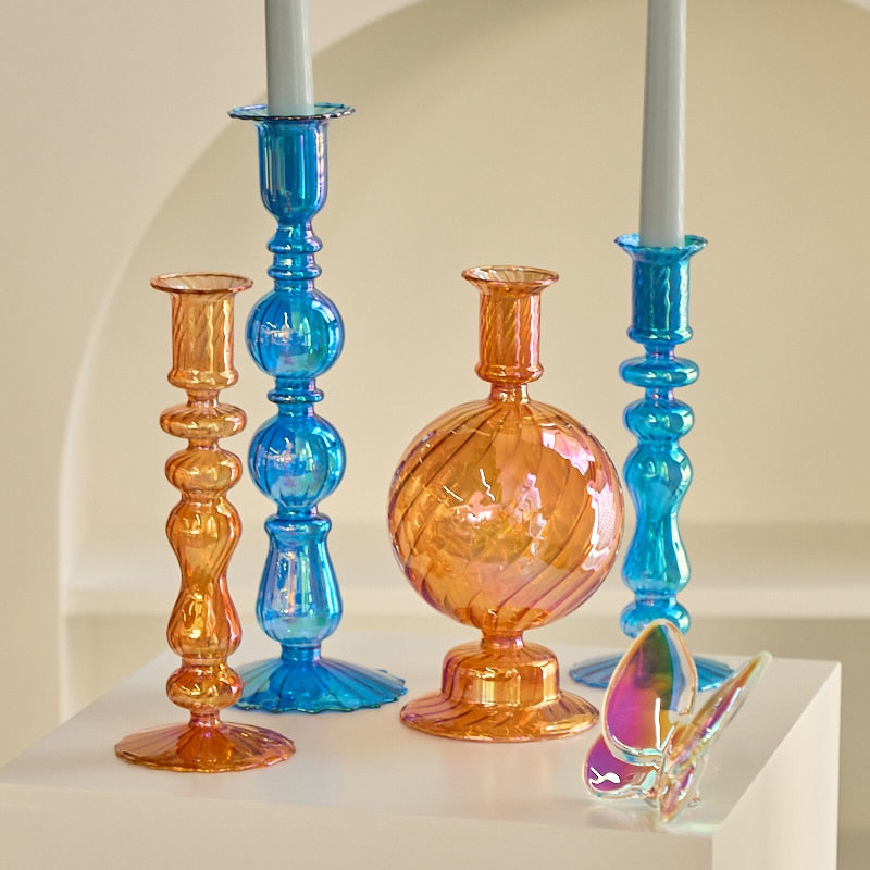 Rainbow Iridescent Glass Candle Holders Retro Decoration