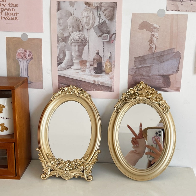 Vintage French Style Desktop Mirror & Catch All Tray Gold Resin and Glass