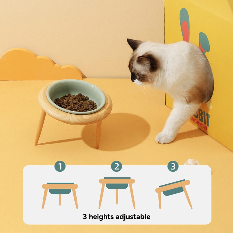Porcelain Food Bowl with Wooden Stand for Cat/Dog