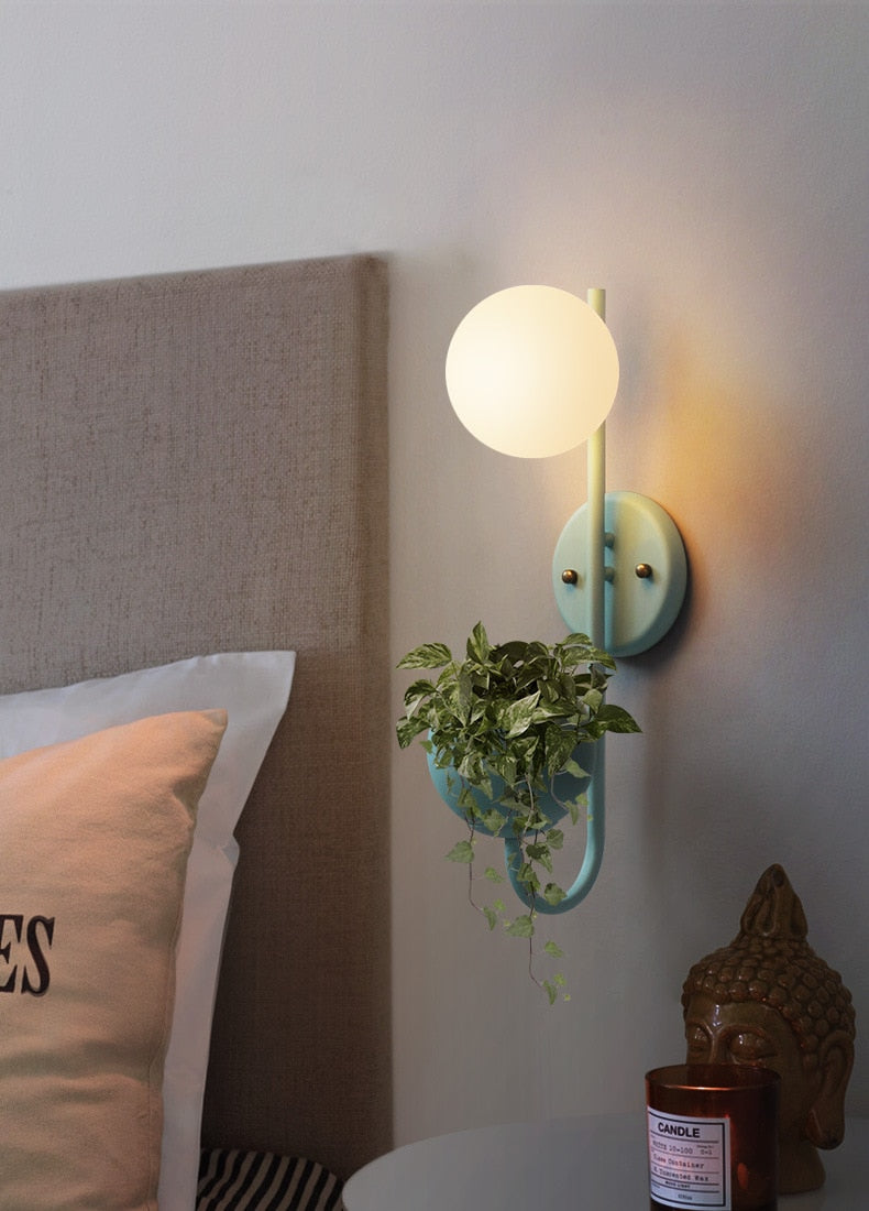 vertical abstract iron blue frosted glass with plant container wall lamp