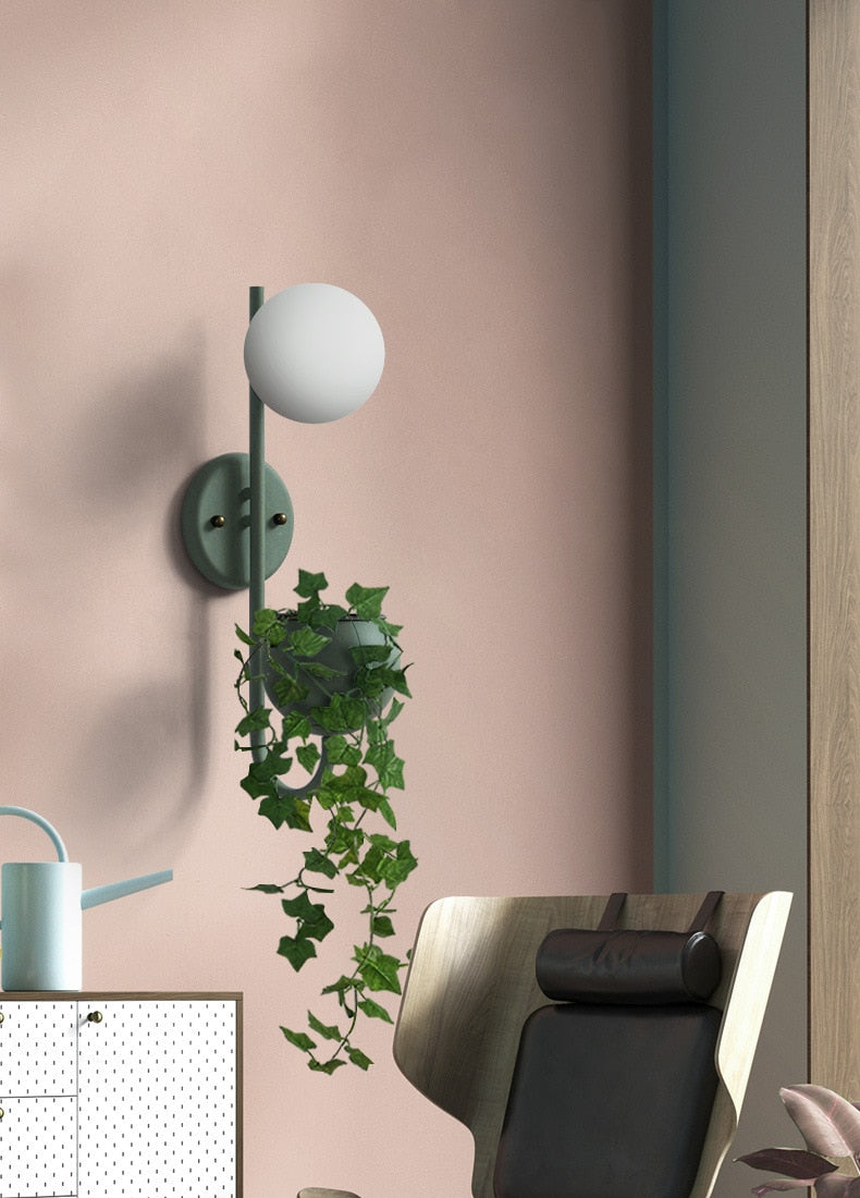 vertical abstract iron green frosted glass with plant container wall lamp