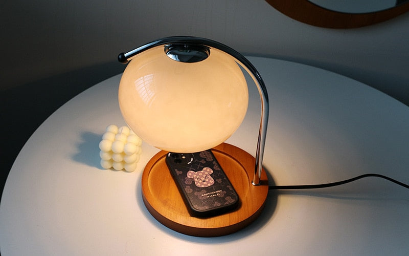 Glass Table Desk Lamp Wood Base 