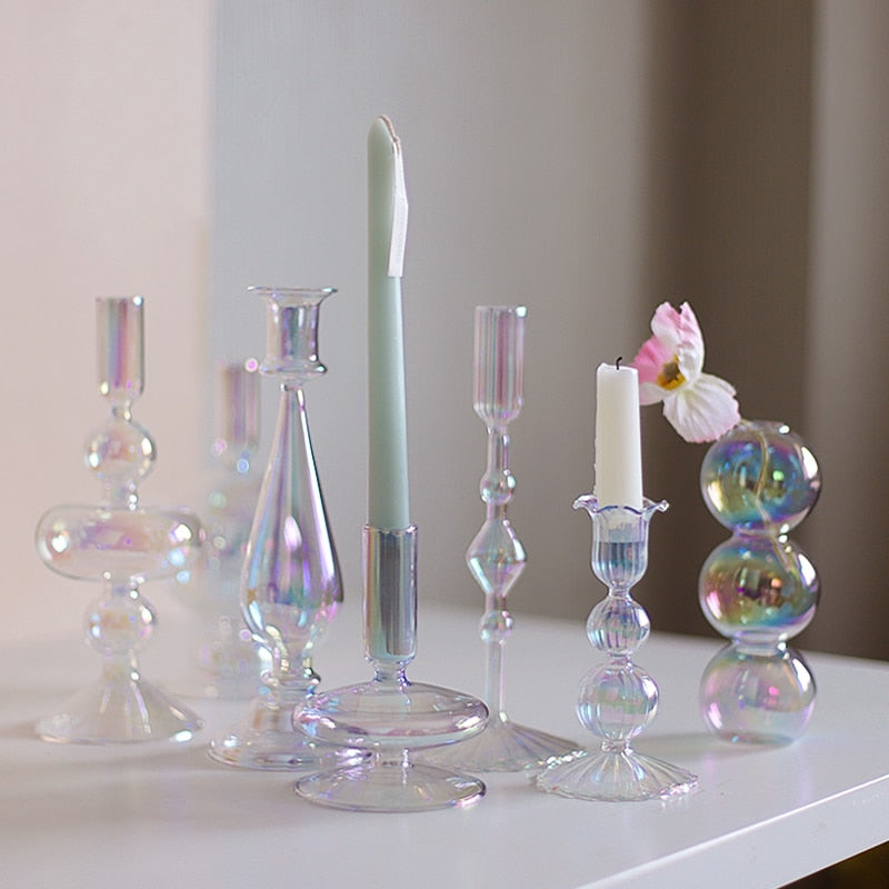 Clear Rainbow Iridescent Blown Glass Candle Holder