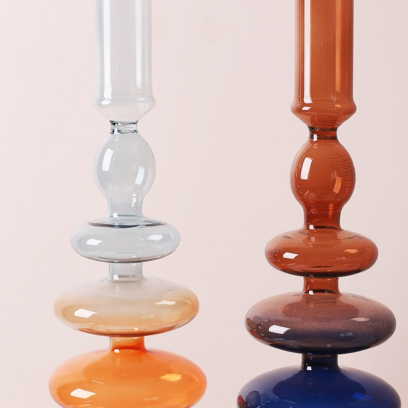 Iridescent Unique Vintage Shape Glass Candle Holder Gradient color Lilac Pink Blue Orange Navy Brown
