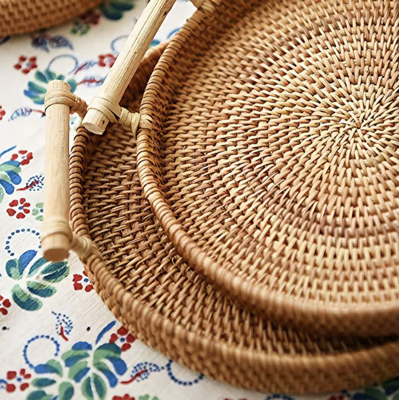 Brown Woven Rattan Tray with handles