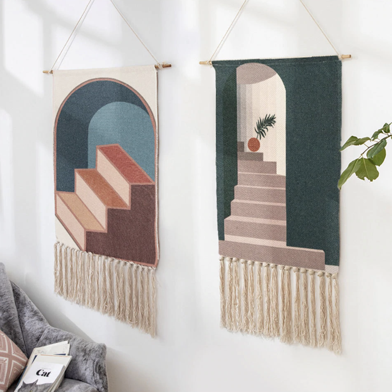 Wall Hanging tapestry with geometric designs, made of Woven cotton with tassel fringe and wooden hanging dowel