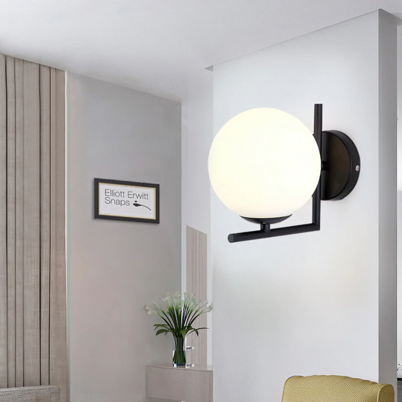 sphere white frosted lampshade black handle wall lamp