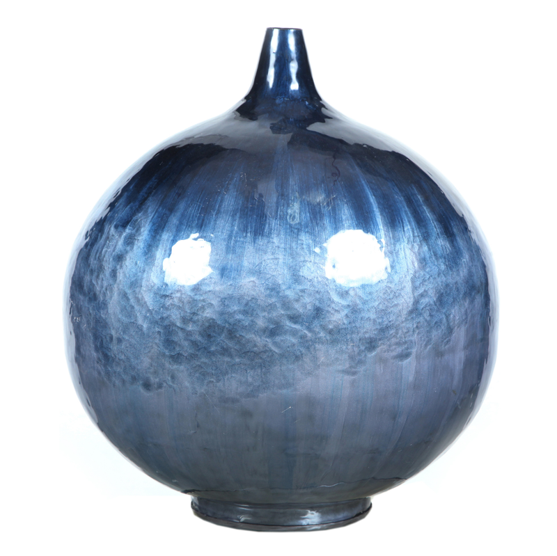 Modern Iron Round Vase Metallic Blue Enamel Hand Painted 