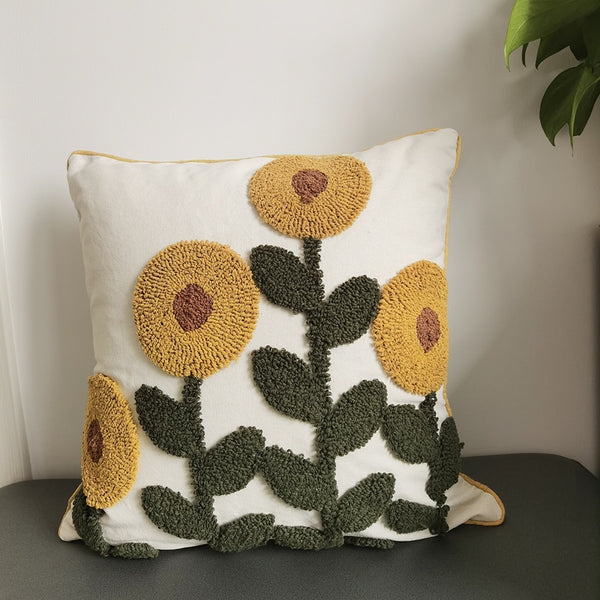 Sunflower Floral Punch Needle Pillow Cover