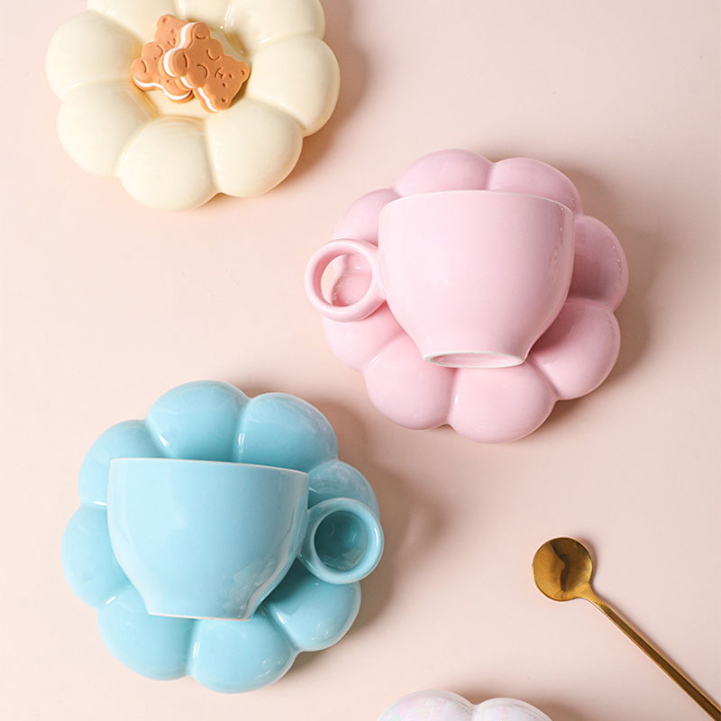 Puffed Flower Ceramic Cup & Saucer Set