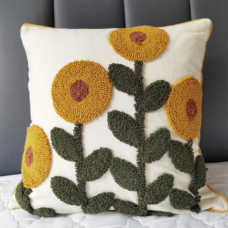 Sunflower Floral Punch Needle Pillow Cover