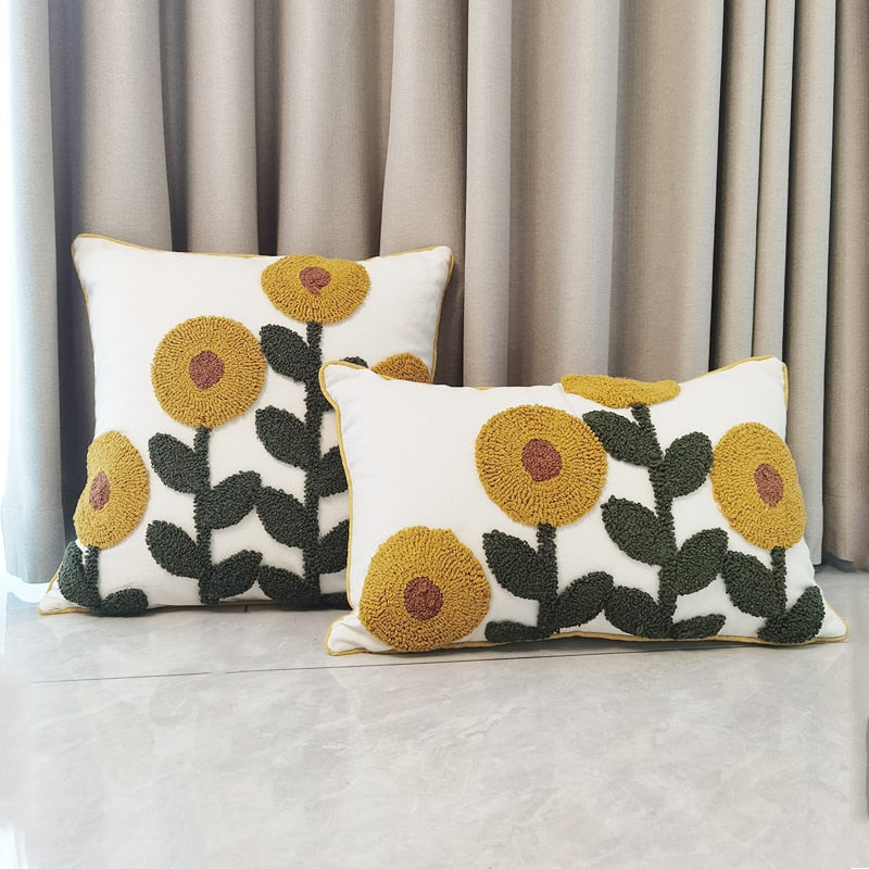 Sunflower Floral Punch Needle Pillow Cover