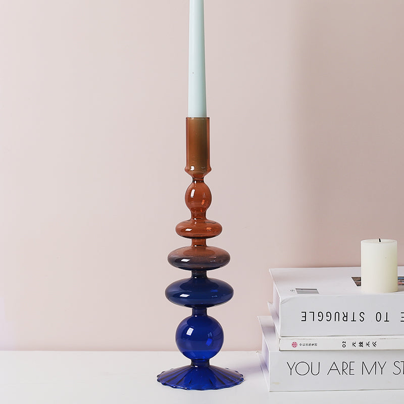 Iridescent Unique Vintage Shape Glass Candle Holder Gradient color Navy Brown
