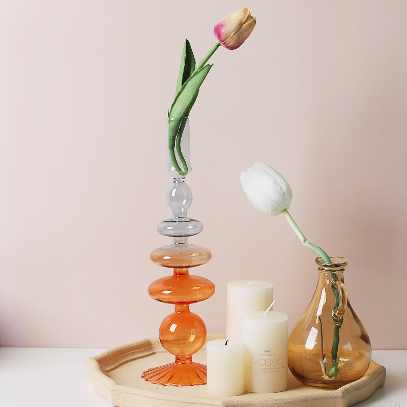 Iridescent Unique Vintage Shape Glass Candle Holder Gradient color Blue Orange