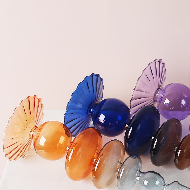 Iridescent Unique Vintage Shape Glass Candle Holder Gradient color Lilac Pink Blue Orange Navy Brown