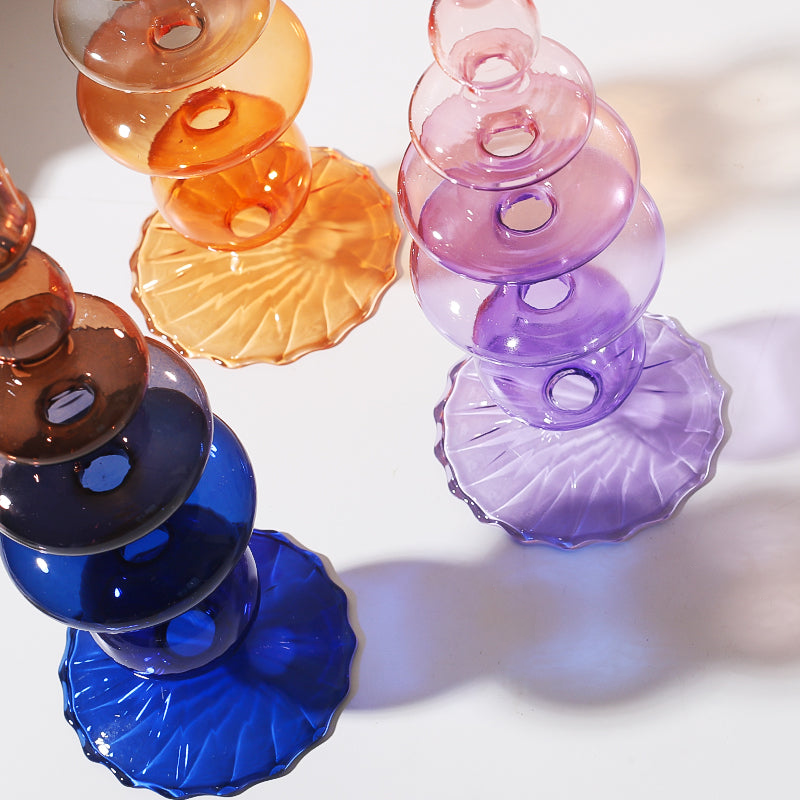 Iridescent Unique Vintage Shape Glass Candle Holder Gradient color Lilac Pink Blue Orange Navy Brown
