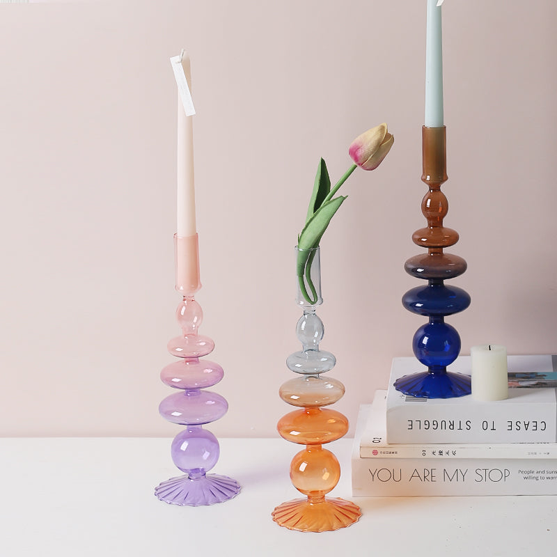 Iridescent Unique Vintage Shape Glass Candle Holder Gradient color Lilac Pink Blue Orange Navy Brown