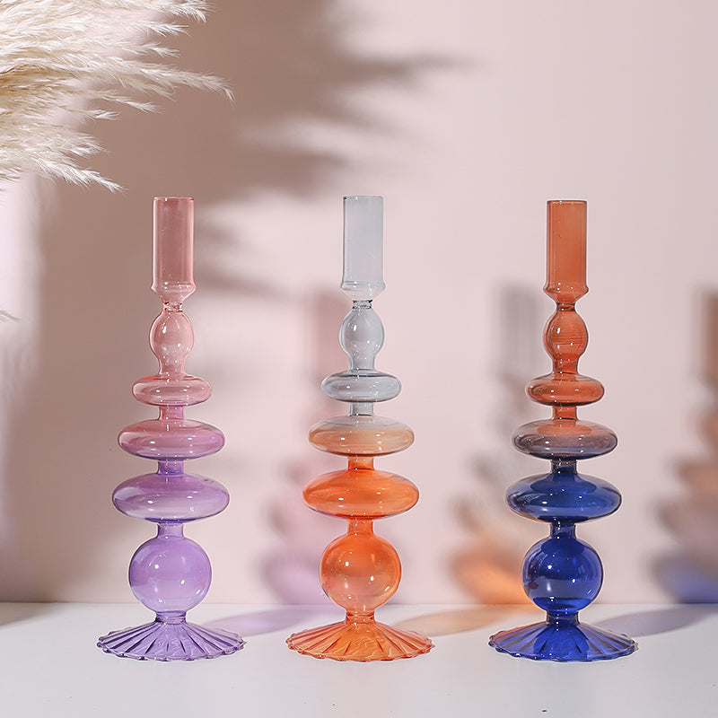 Iridescent Unique Vintage Shape Glass Candle Holder Gradient color Lilac Pink Blue Orange Navy Brown