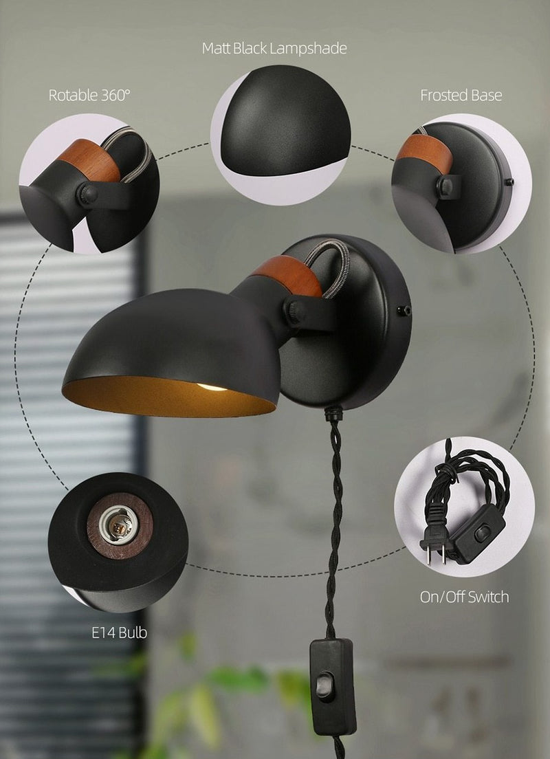 half sphere metal wood black matte wall lamp with plug