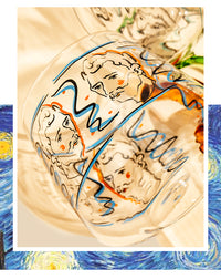 rounded clear glass van gogh-design mug with orange green handle