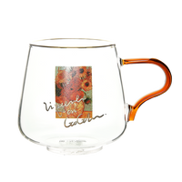 rounded clear glass van gogh-design mug with orange handle