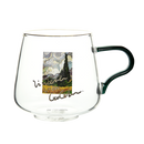 rounded clear glass van gogh-design mug with green handle