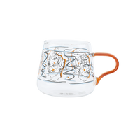 rounded clear glass van gogh-design mug with orange handle