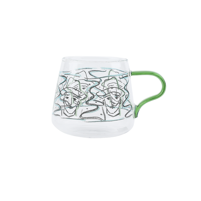 rounded clear glass van gogh-design mug with green handle