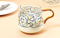 rounded clear glass van gogh-design mug with orange handle