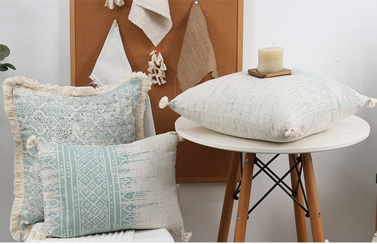 Vintage Blue Texture Pillow Cover with Tassles-Letifly Lights and Decor