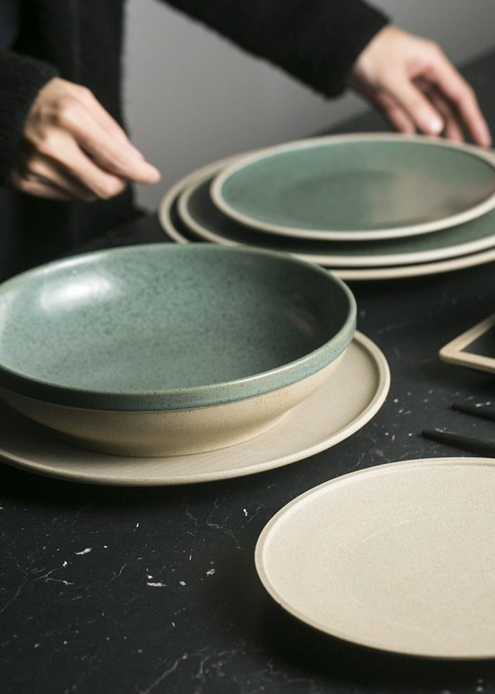 round ceramic green plate and bowl