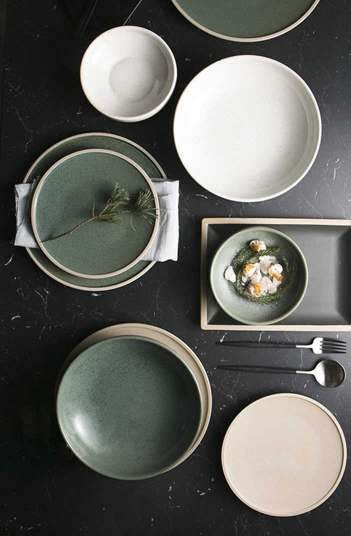 round ceramic green plate and bowl