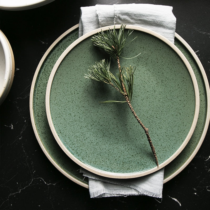 round ceramic green plate and bowl